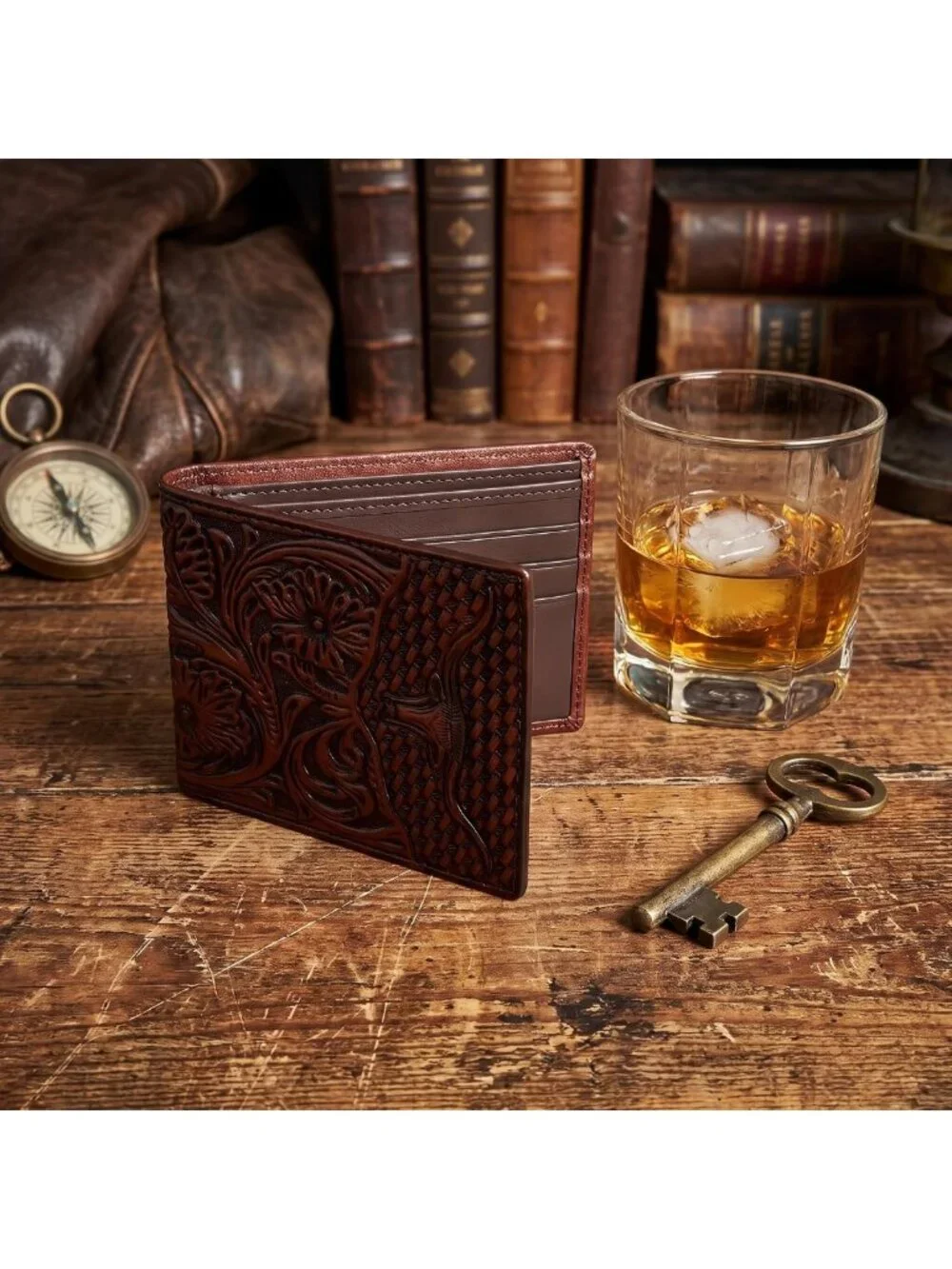 Vintage Floral Tooled Leather Bifold Wallet for Men - RFID Blocking, Multiple